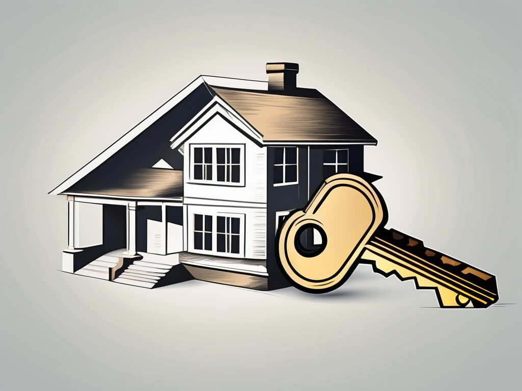 A house with a large key in the foreground