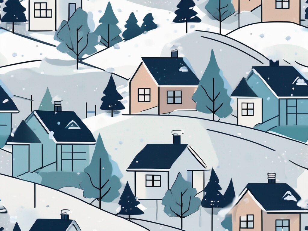 A variety of houses covered in snow with different state outlines in the background