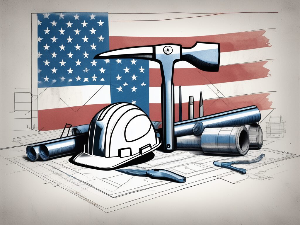 A construction site with various tools and a blueprint