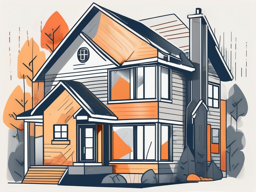 A house undergoing siding renovation with various financing symbols like dollar signs