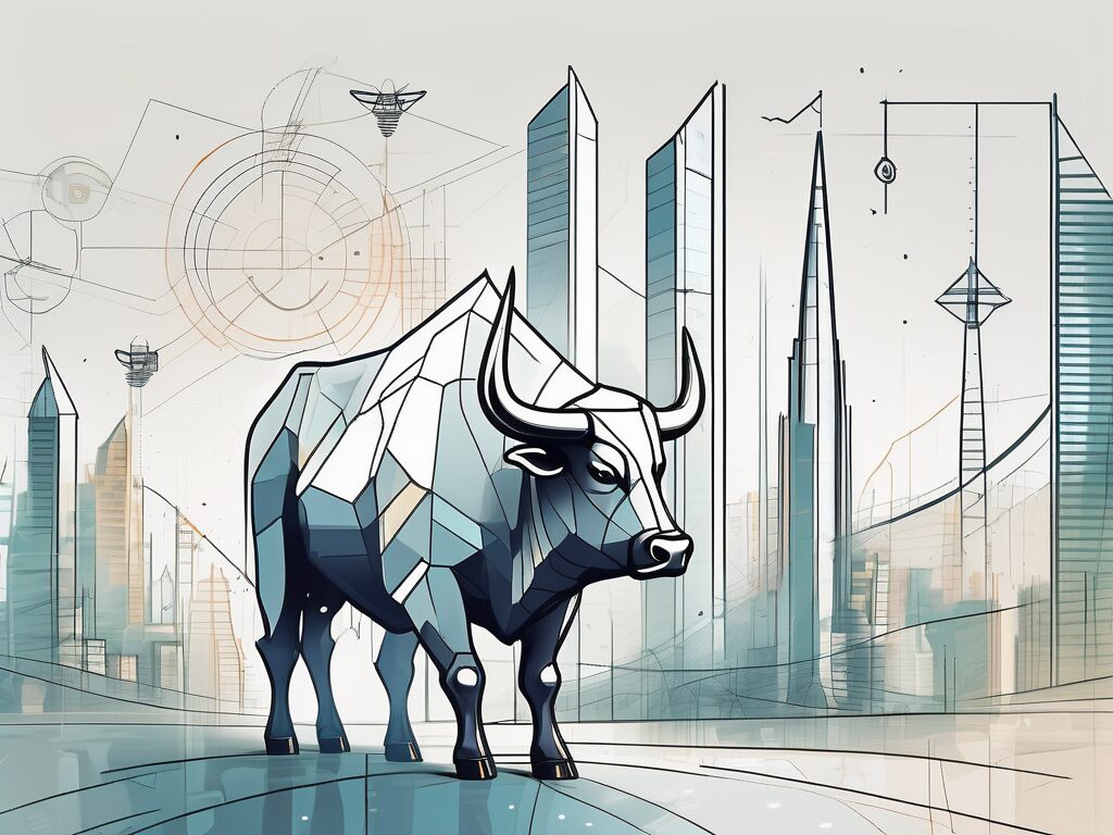 A futuristic cityscape with innovative housing structures and symbols of economic prosperity like a bull