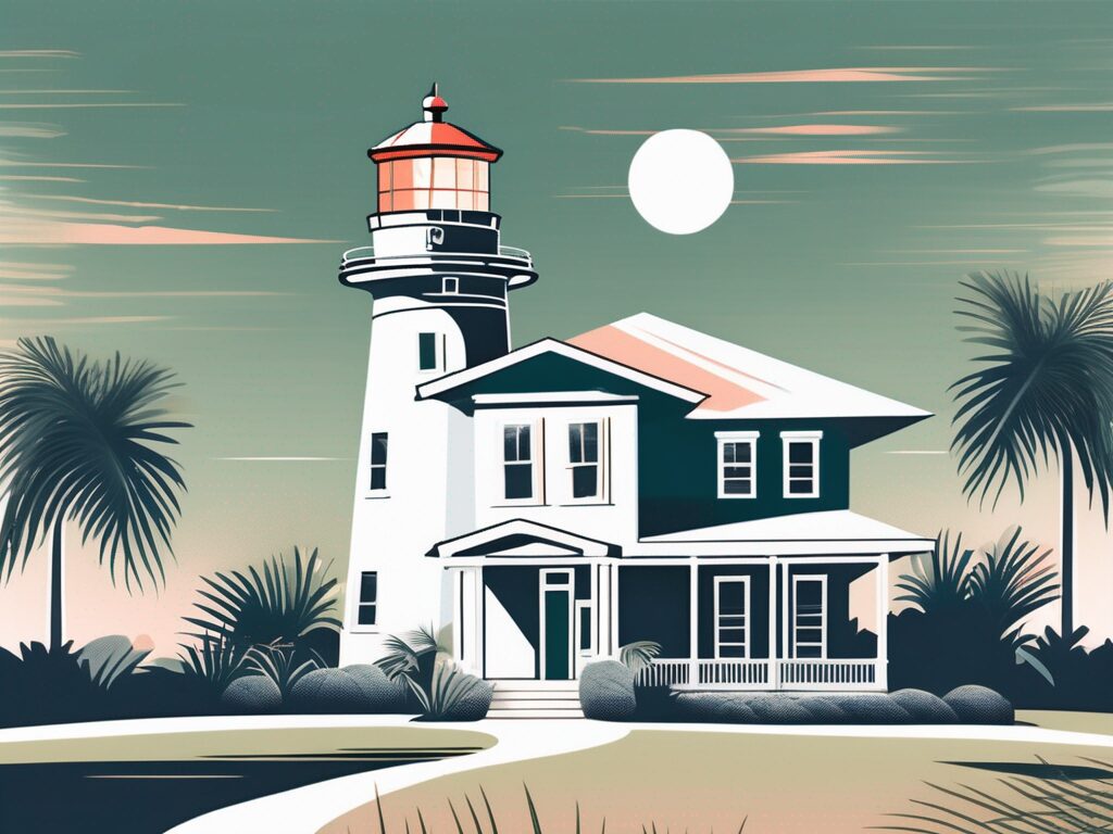 A lighthouse overlooking a charming florida home with a 'sold' sign in the front yard