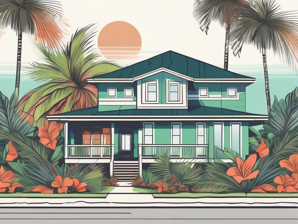 A vibrant panama city beach florida home with a large 'sold' sign in the front yard