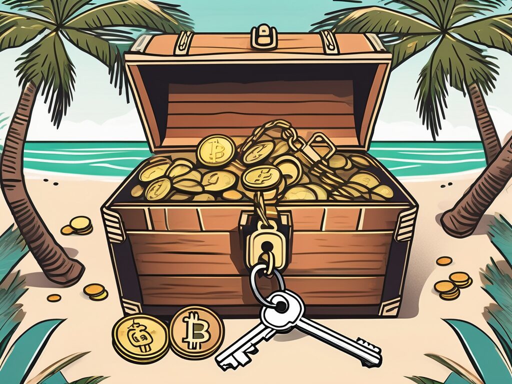 A house key unlocking a treasure chest filled with symbols of wealth (such as coins
