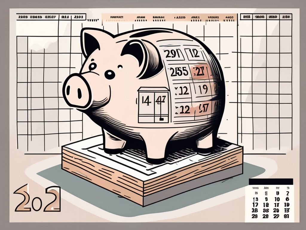 A piggy bank sitting on top of a calendar with symbols of different investment options like property