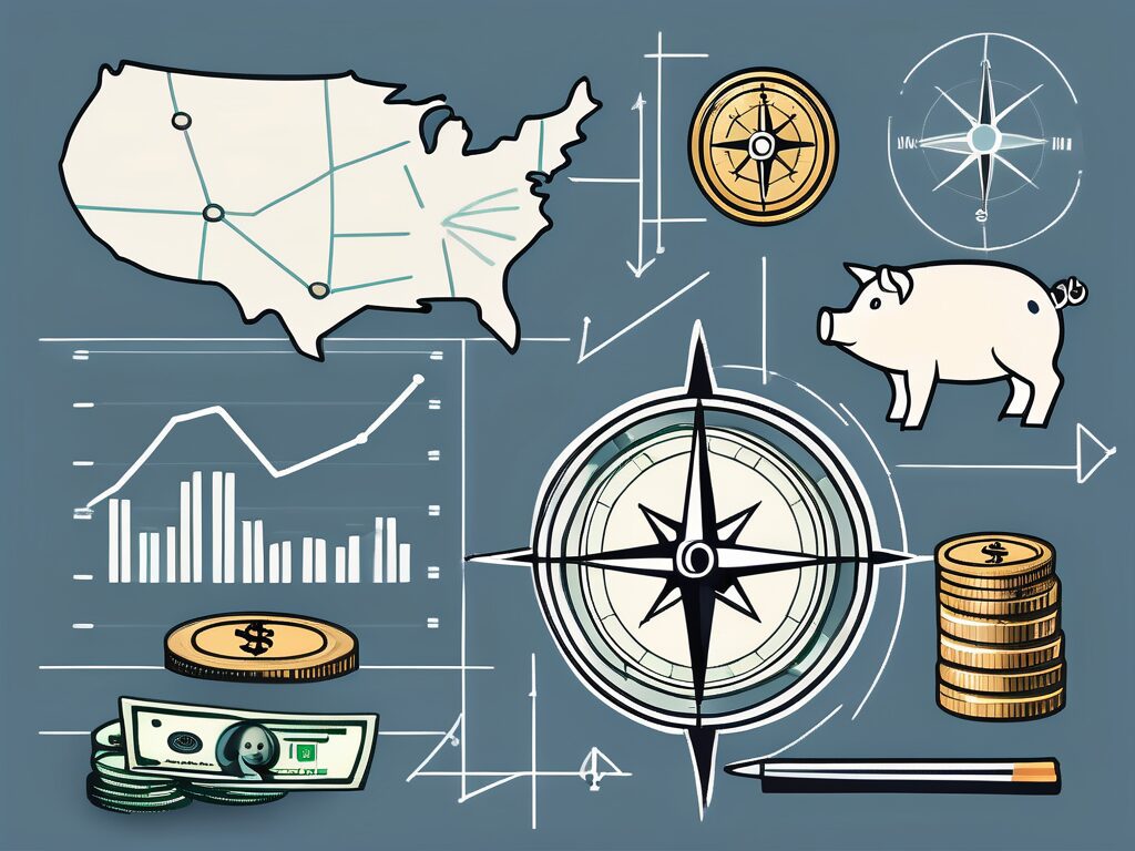 Various symbolic elements representing finance such as dollar bills