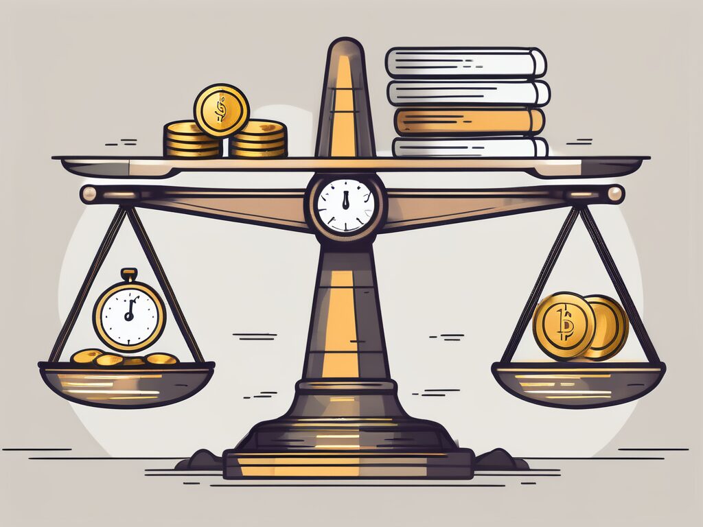A balanced scale with different types of investment assets like stocks