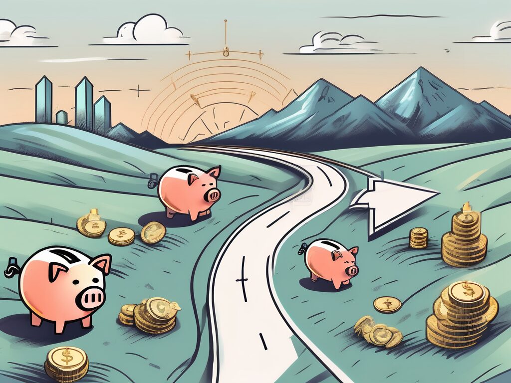 A road leading towards a horizon filled with symbolic financial icons like a piggy bank