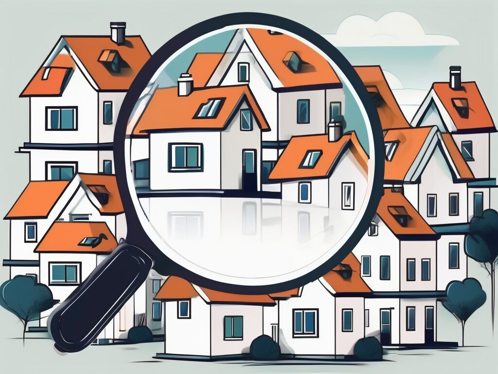 A large magnifying glass hovering over a variety of homes