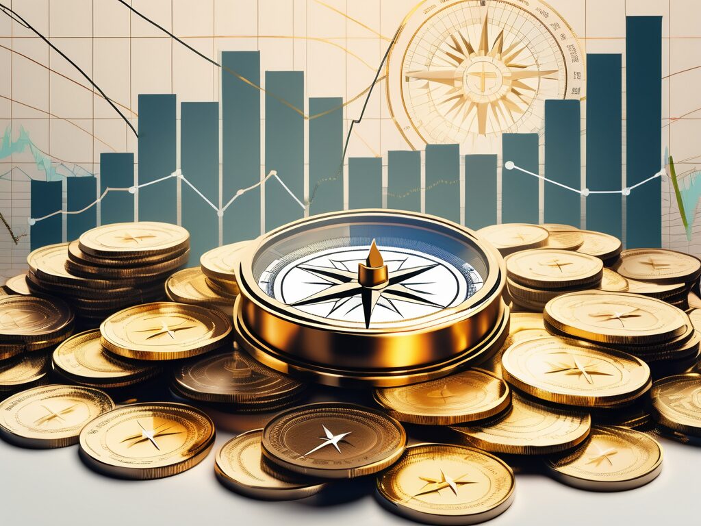 A vintage compass nestled among variously sized stacks of gold coins