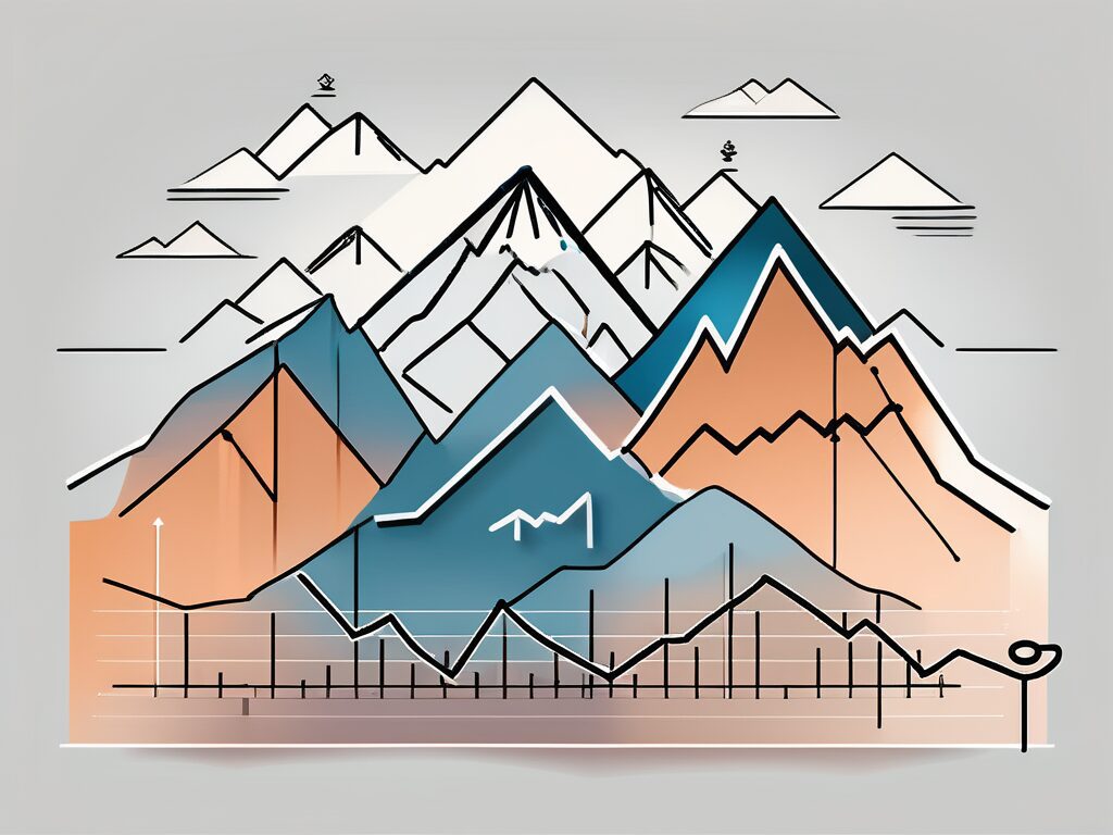 A rising graph with various stylized stock market symbols (like bulls and bears) and a mountain peak to symbolize maximum returns