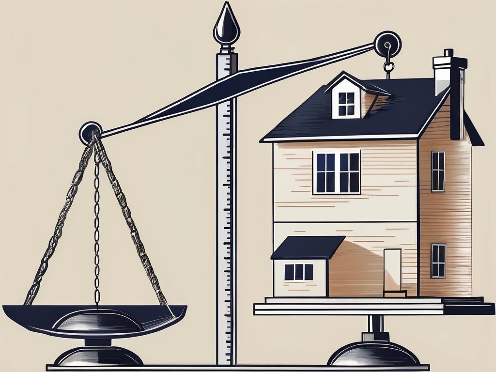 A scale balancing a house (representing real estate) on one side and a stock market chart (representing stocks) on the other