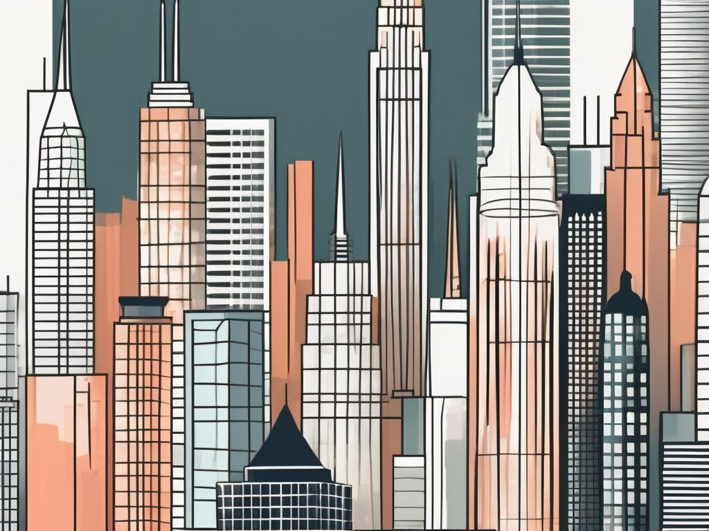 A stylized city skyline with skyscrapers representing the top companies in the s&p 500 index