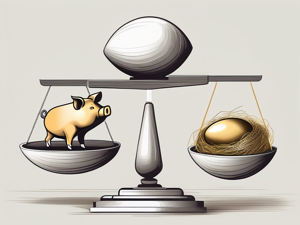 A scale balancing a piggy bank and a golden nest egg