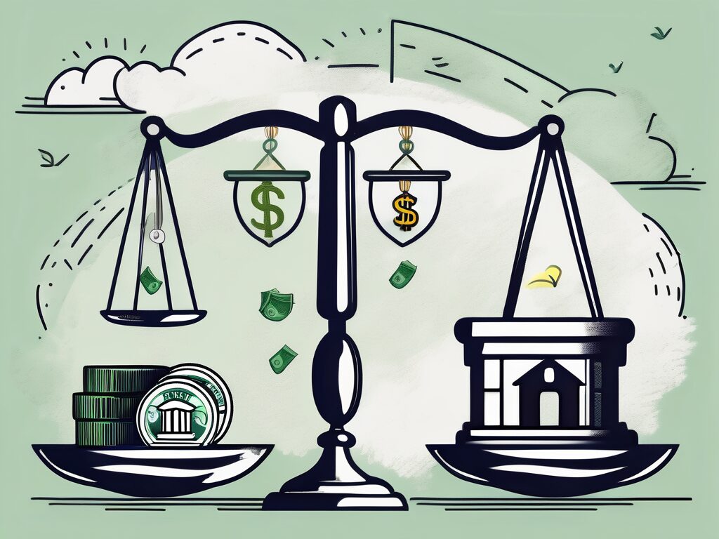 A balanced scale with money on one side and various financial symbols like a house