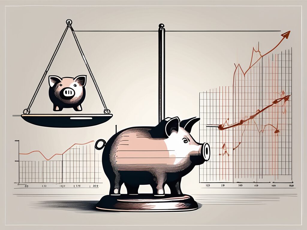 A scale balancing a piggy bank and a stock market chart