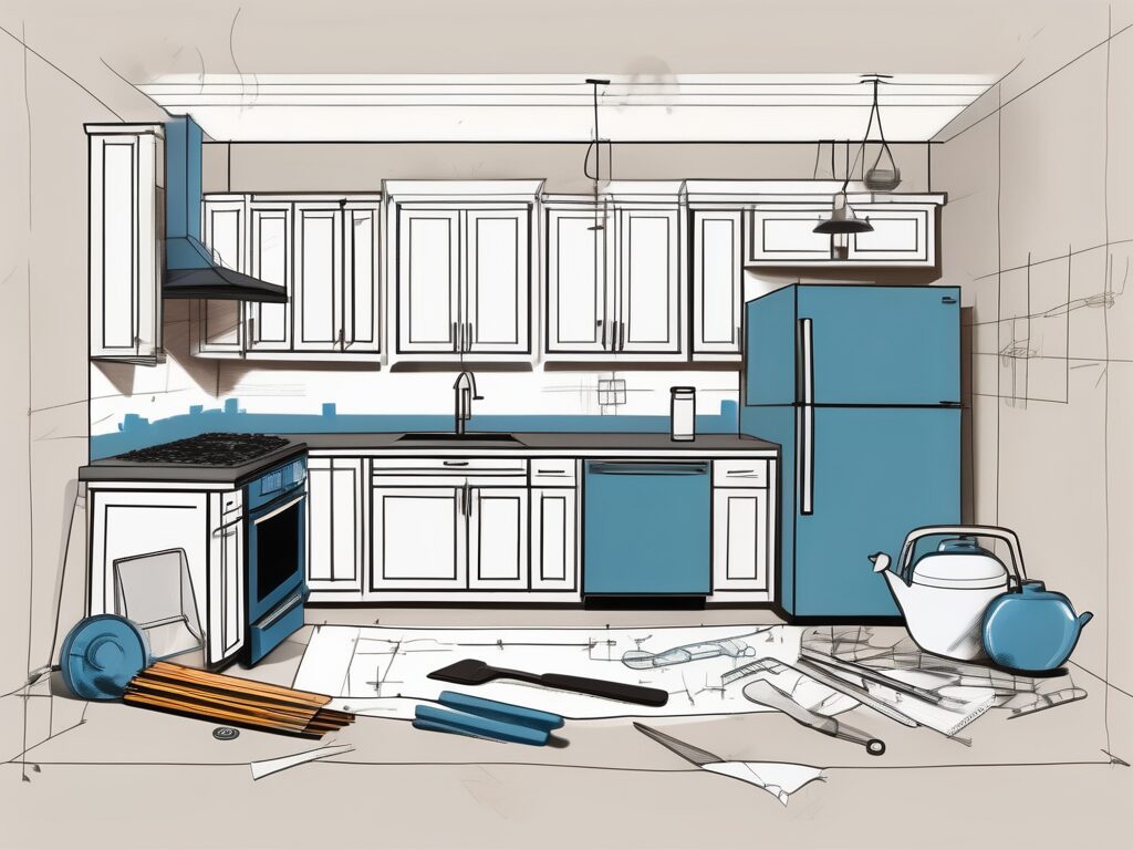 A kitchen under renovation with various tools and materials scattered around