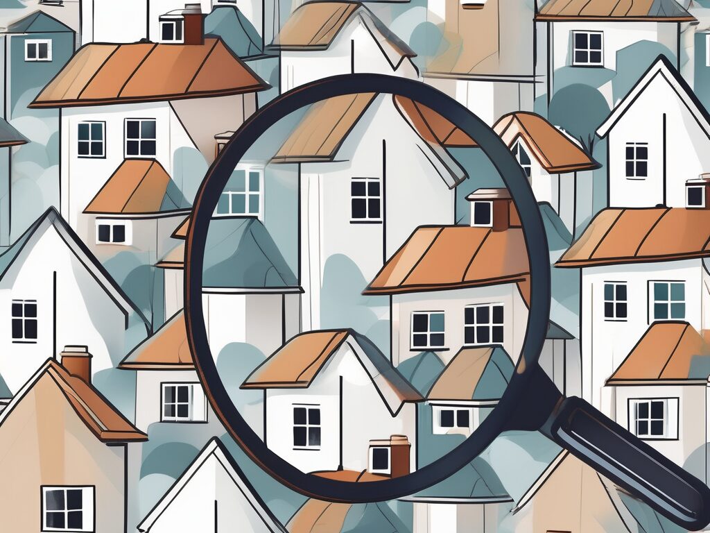A magnifying glass hovering over a variety of different styled houses