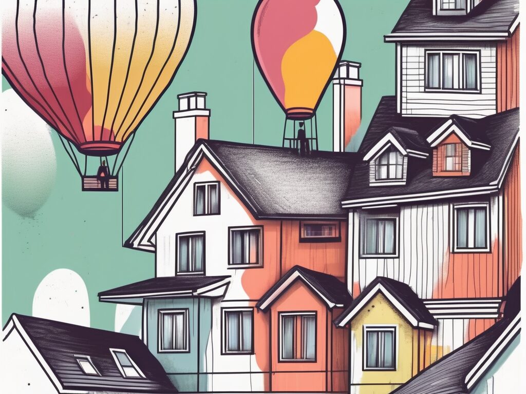 A traditional house being lifted by a large