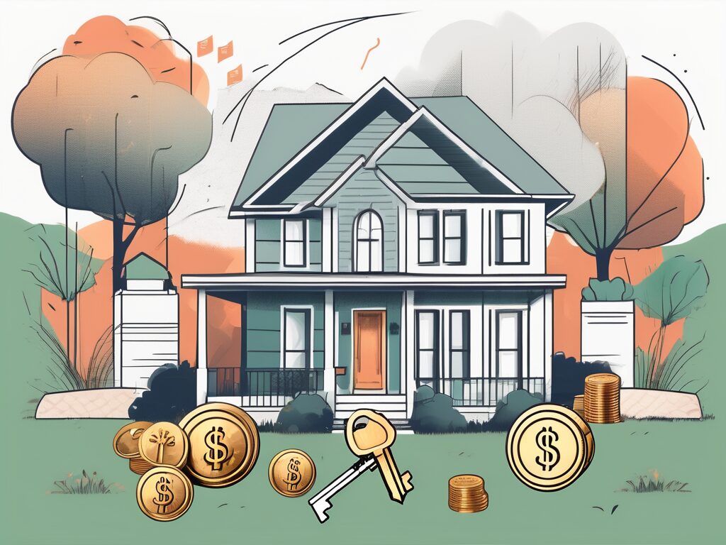 A house with a "for sale" sign on the front lawn