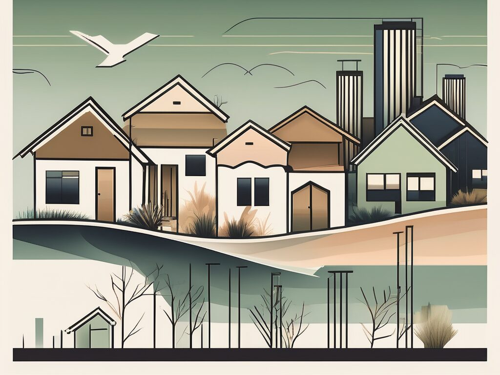 A cinco bayou landscape with homes of various sizes and a symbolic representation of mortgage rates