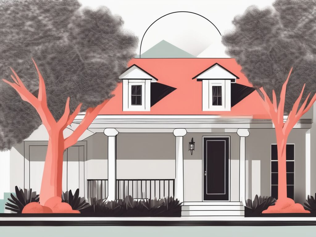 A traditional coral gables home with a 'for sale' sign in the yard