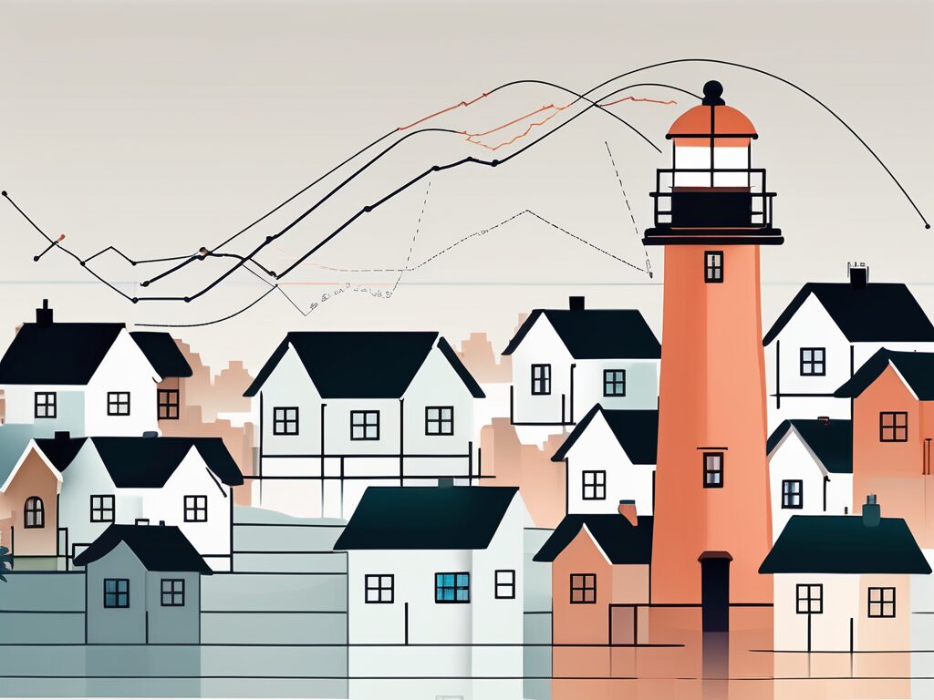 A lighthouse on a point overlooking a landscape of homes