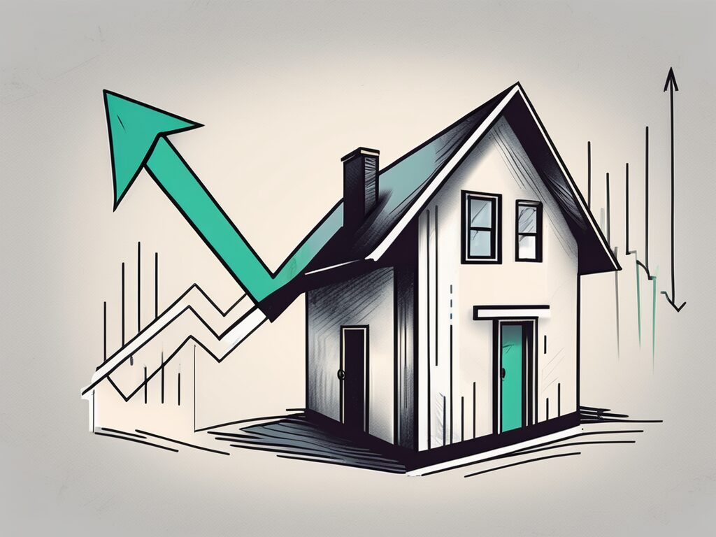 A house in niceville with a price tag attached and a downward arrow symbolizing the decrease in price due to the impact of mortgage rates