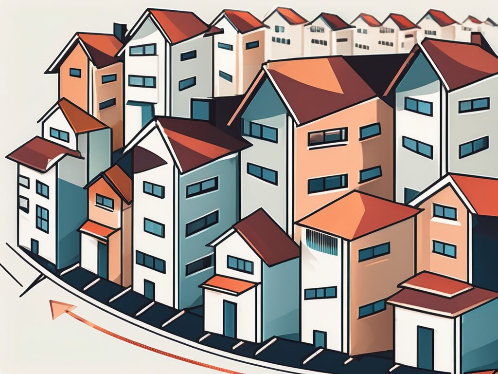 A panoramic view of panama city with some homes and a symbolic representation of mortgage rates
