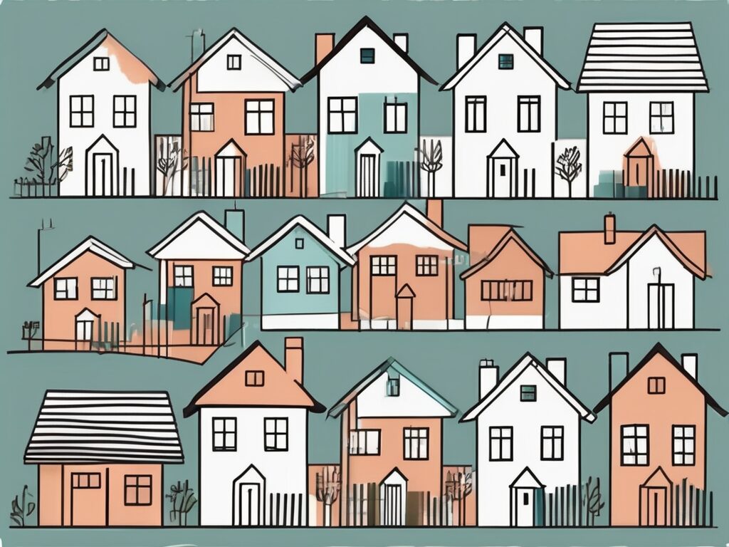A variety of homes in perry with a graph overlay depicting the correlation between mortgage rates and home sales