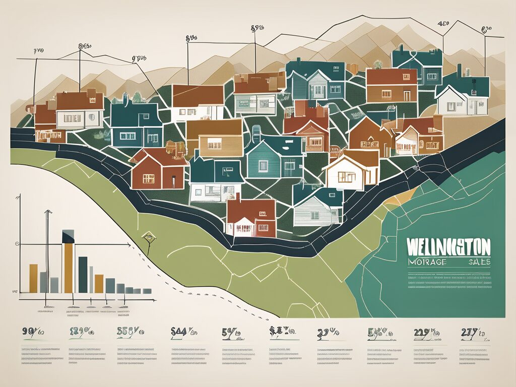 A detailed map of wellington with symbolic houses and a graph overlay showing the correlation between mortgage rates and home sales
