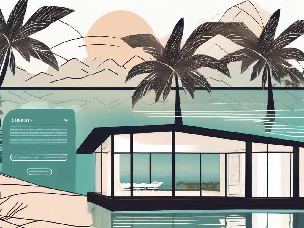 A digital marketing interface overlaying a stylized real estate property