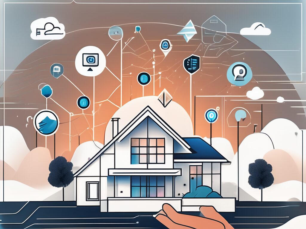 A modern house with digital marketing icons (like a click cursor