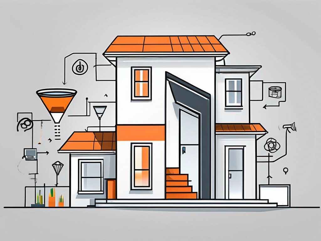 A modern house with a digital marketing sales funnel hovering above it